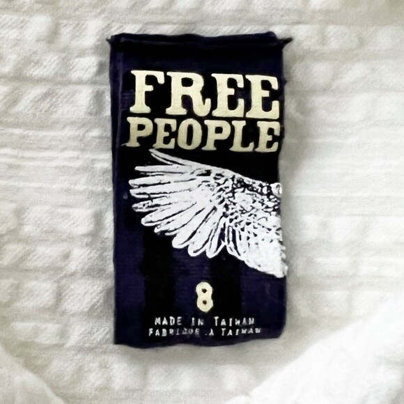 Free People White SeerSucker Blouse Sz 8 Button Tunic Top Floral Trim L/S White - Picture 8 of 13